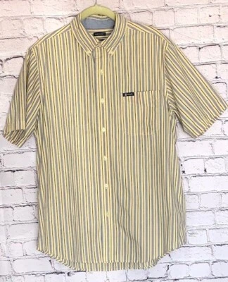 CHAPS Men's Shirt Easy Care Medium Yellow & Blue Striped Short Sleeve Pocket EUC - Image 1 of 4
