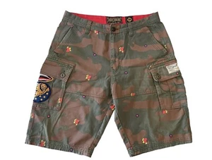 AKOO BRAND Mens Size 34 Green Brown Camo Roses Patch Shark Cargo Shorts - Picture 1 of 10