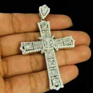 14k White Gold Finish 4.00Ct Baguette Cut Diamond Large Cross Pendant for Man's - Picture 1 of 3