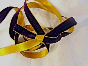  1/2" DBL COLOR VELVET/SATIN RIBBON-  PURPLE VELVET / SAFFRON /MUSTARD SATIN bty - Picture 1 of 1