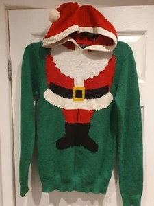New Look Santa X Small Mens Christmas Hooded Jumper Rare Green Red White Used - Picture 1 of 11