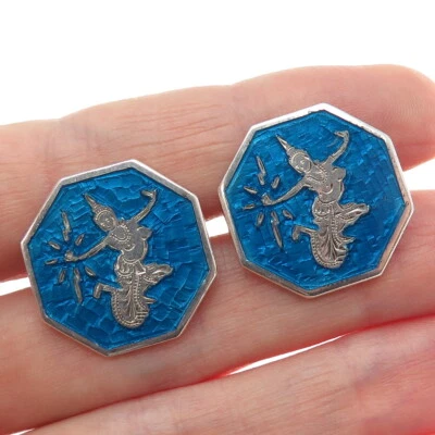 Антикварные запонки индуистской богини с сиамской эмалью серебро 925 пробы - Изображение 1 из 4