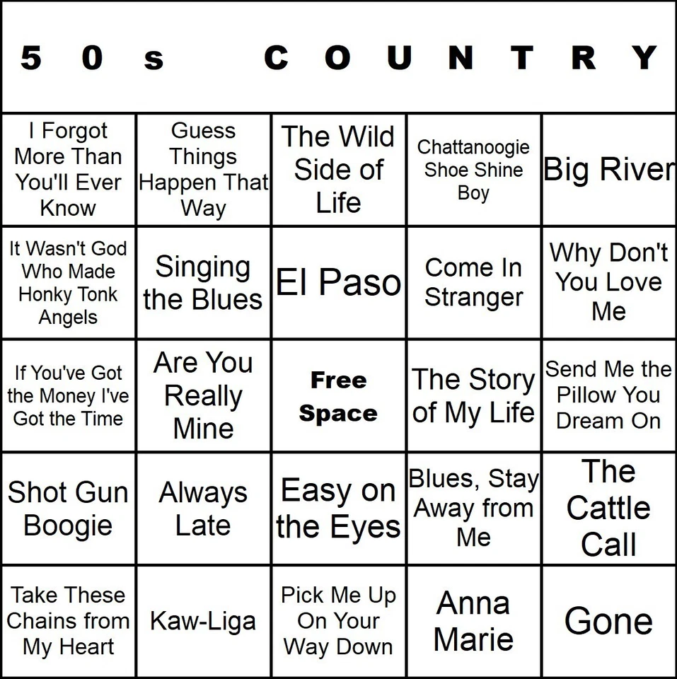 Tarjetas de bingo de música country 100 años 50 impresas y laminadas con listas de reproducción Foto 1 de 1