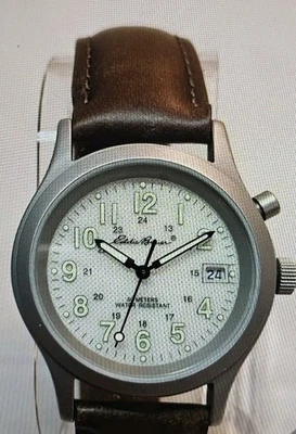Eddie Bauer 1215 Light Up Field Watch white Dial Brown Leather Band New Battery - Image 1 of 4