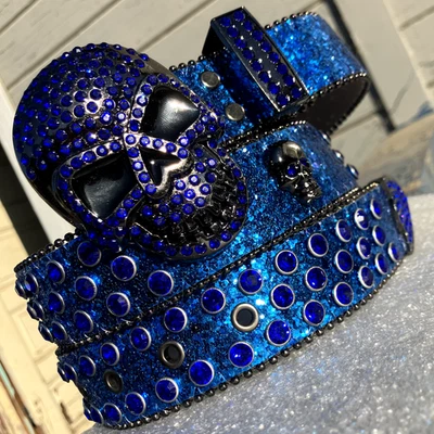 Y2K *NUEVO* GRUNGE CALAVERA AZUL GÓTICO ESTRÁS CINTURÓN TACHONADO PUNK BB *RARO* Foto 1 de 4