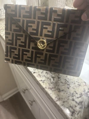Fendi FF Motif Brown Leather Flat Clutch Flap Pouch - Image 1 of 2