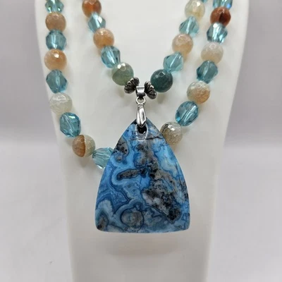 Blue Crazy Lace Agate Gemstone Faceted Beaded Necklace 22" Double Two Strands - Image 1 of 4