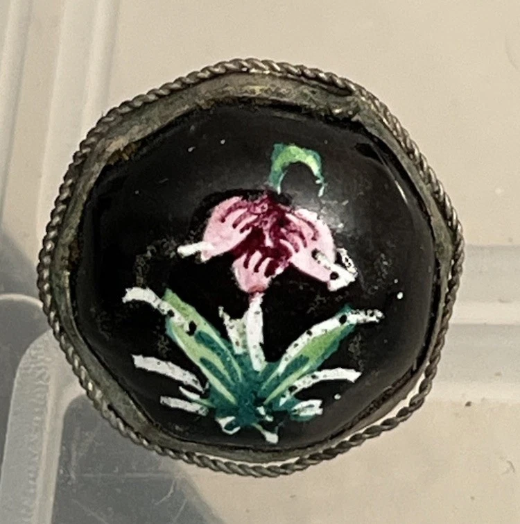 Antique Enamel Sterling Silver Painted Floral Button - Image 1 of 3