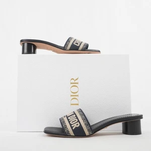 Dior Dway Heeled Slides in Deep Blue w/ Logo Embroidery - EU Size 37 - KCQ915ERC - Picture 1 of 12