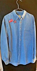 Vintage 90s Eddie Bauer Denim Chambray Shirt Mens L | Patriotic USA Flag Patches - Picture 1 of 8