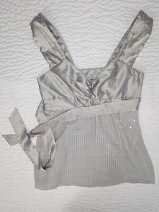 Express Top Small Gray Satin Ruffle Tiered Layered Cami Tank Blouse Sheer Back - Picture 1 of 5
