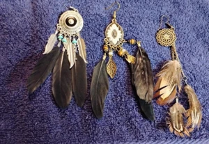 THREE UNMATCHED FEATHERED NATIVE AMERICAN STYLED Dangle Earrings - Picture 1 of 1
