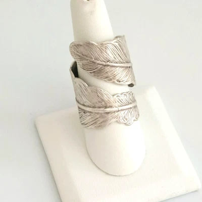 Anillo envolvente hoja de palma tono plata 9 grabados joyería llamativa Foto 1 de 4