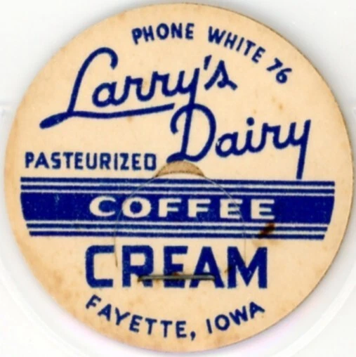 Крышка для бутылки молока - Larry's Dairy - Fayette, IA (Айова) - ТЕЛЕФОН БЕЛЫЙ 76 - КОФЕ - Изображение 1 из 1