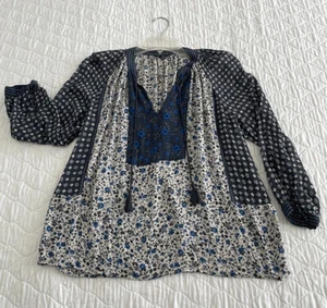 Top contadino Lucky Brand stampa floreale scollo a V nappa cravatta manica a sbuffo 3/4 taglia S. - Foto 1 di 9