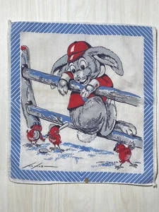 Vintage TOM LAMB Hanky Bunny Baseball Chick Spring Childs Handkerchief Blue - Picture 1 of 11