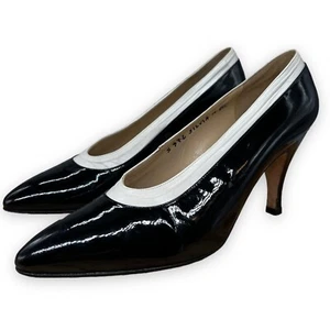 Silvia Fiorentina Shoes Pumps 6.5 M Black Patent Leather White Trim Mid Heel - Picture 1 of 18