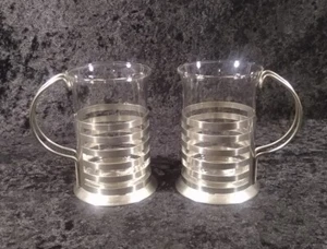 Vintage MCM Stainless Steel & Glass Mugs Cups Bands Rings Handle - EUC -Lot of 2 - Picture 1 of 9