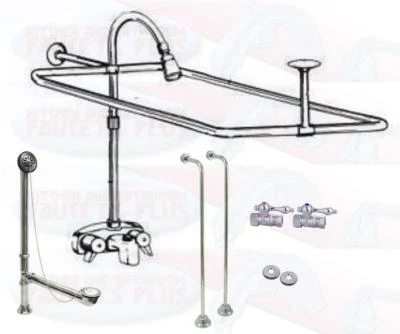 KB-FAUCETS PLUS Chrome Clawfoot Tub Faucet Add-A-Shower Kit W/Curtain Rod, Drain & Supplies
