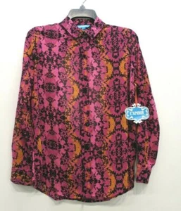 LAMOUR Womens Orange Pink Lace Damask Print Long Sleeve Casual Button Up Shirt S - Picture 1 of 12