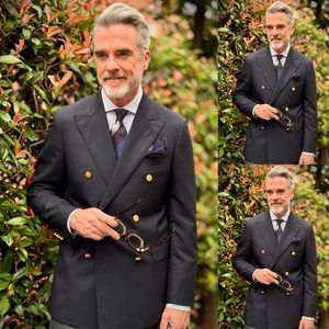 Double Breasted Men's Suits 2Pcs Black Business Dinner Tuxedos Evening Jacket - Picture 1 of 18