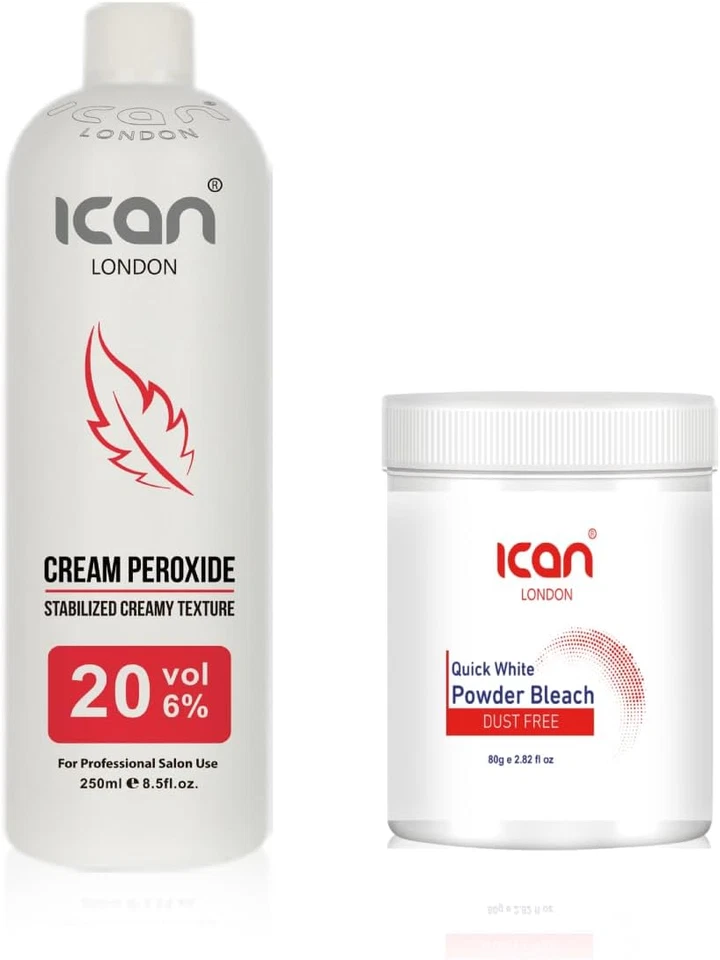 ICAN Cream Peroxide 250ml 6% VOL 20 + Rapid White Powder Bleach (JAR) 80g