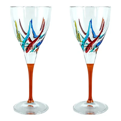 Pair of Murano Wine Glass Hand Painted Multi Orange Stem Venice Italy - Image 1 of 4