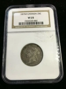 1875H  NGC Graded Canadian,  ¢25  Cent, **VF-25** - Picture 1 of 4