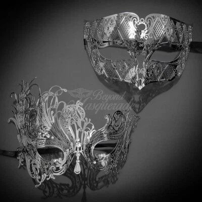 Couple's Elegant Metal Venetian Masquerade Mask - Silver - Image 1 of 4