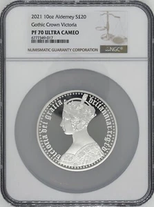 2021 Alderney Gothic Crown Victoria 10 oz Silver NGC PF-70 UCAM - Picture 1 of 4