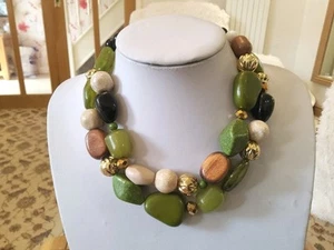 Brand new Short gold tone necklace with Large Green Brown + cream Resin Stones - Picture 1 of 7