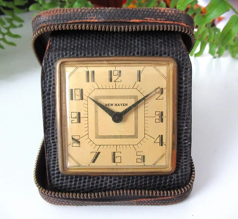 Vintage New Haven Art Deco Travel Clock Leather Zip Case Auto Electric Co NYC Cover