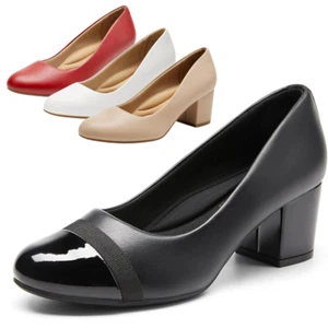 Women Office Work Slip On Pumps Low Chunky Heel Close Toe Dress Pump Shoes - Picture 1 of 32