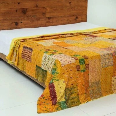 Colcha de retalhos indiana feita à mão multicolor Kantha colcha de seda cobertor lance - Imagem 1 de 4