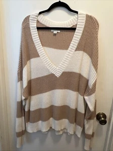 American Eagle Cream And Tan Striped V-Neck Sweater Women’s XL - Picture 1 of 3
