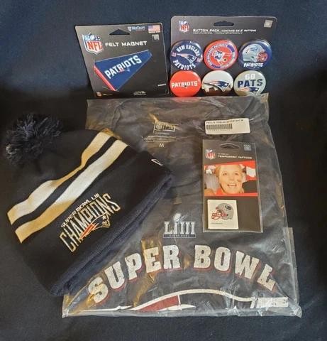 NEW ENGLAND PATRIOTS CUSTOM MIXED GEAR. TEE M, HAT, MAGNET, BUTTONS, TEMP TATT'S Cover