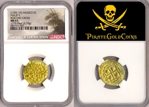 FINEST KNOWN! NGC 63 MEXICO 2 ESCUDOS 1705-10 1715 FLEET SHIPWRECK PIRATE GOLD - Picture 1 of 6