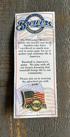 Retro Milwaukee Brewers Logo "Salute To Heroes" Pin w  USA Flag; Original Bag Cover