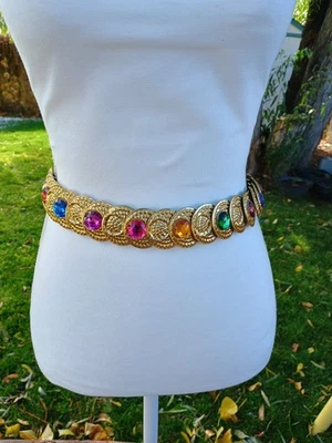 Vintage 80s Jeweled Chain Belt With Colorful Gem Carbochons Stretchy  - Image 1 of 4