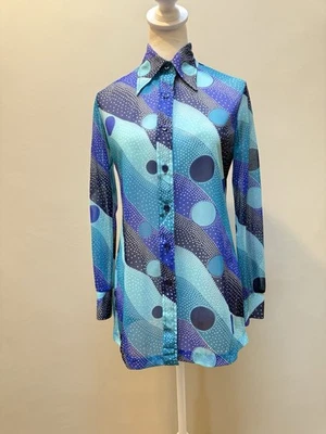 Vintage 70s Psychedelic Disco Shirt SHEER Blue Jantzen M Women - Image 1 of 4