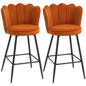 Bar Stools Set Velvet Upholstered High Back Armless Dining Chairs Steel Orange - Picture 1 of 12