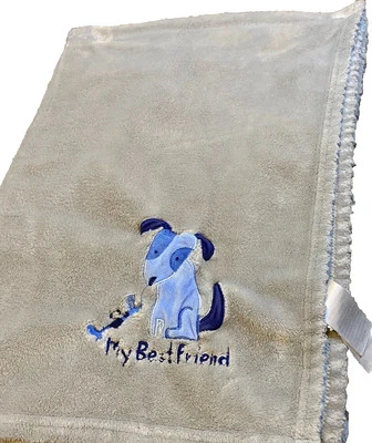 1T Vintage BABY ESSENTIALS Gray Blue PUPPY DOG Plush baby crib Blanket Rare - Image 1 of 4