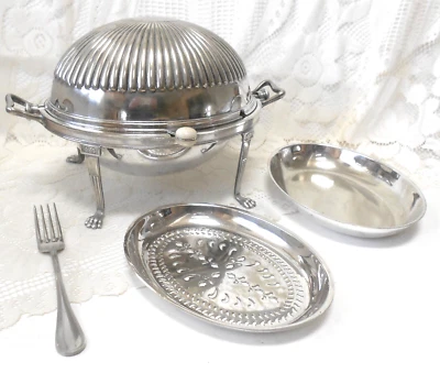 Calentador/servidor de desayuno con tapa enrollable abovedada Atq SLV 3 PIEZAS + TENEDOR PARA SERVIR ~ ¡BONITO!! Foto 1 de 4