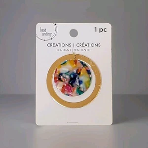 Round Gold Color Circle Pendant Inner Multicolor Hanging Mosaic 2" - Picture 1 of 4