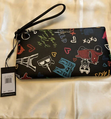 Karl Lagerfeld Paris Black & ColorFul Wristlet Paris Icons Karl Choupette NWT - Image 1 of 4