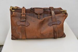 Stara torba podróżna skóra longgrain mosiądz ręcznie robiona 1900 antyczna Westerland shabby