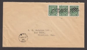 1936 1c George V coil strip of 3c (#228). Stockton, MB. br. ci. to Winnipeg. - Bild 1 von 3