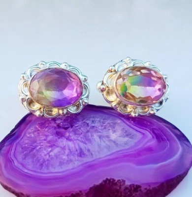 Bi-Color Tourmaline Buttons 2 Pieces Silver Polished Unic Oval Buttons Jewelry - Image 1 of 4