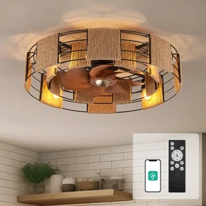 22" Caged Low Profile Ceiling Fan With Light, Remote, and App Control - Flush... - Picture 1 of 8