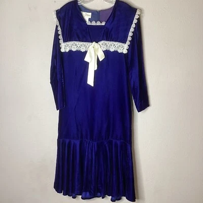 Vestido Victoriano Gunne Sax Terciopelo Cintura Caída Azul Real 9 Foto 1 de 4